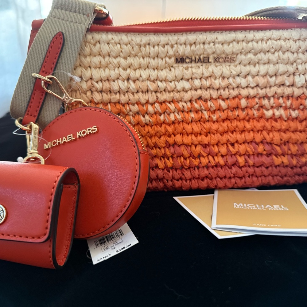 Michael Kors Orange and Cream Woven Crossbody Bag - Picture 10 of 10